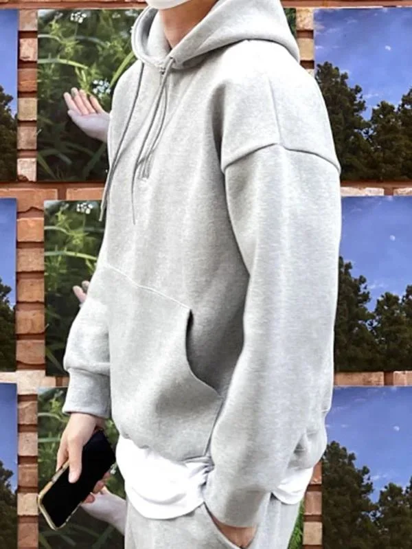 Wholesale Grey Color Plain Men Kangaroo Pocket Half Zipper Drop Shoulder Long Sleeve Drawstring Hoodie